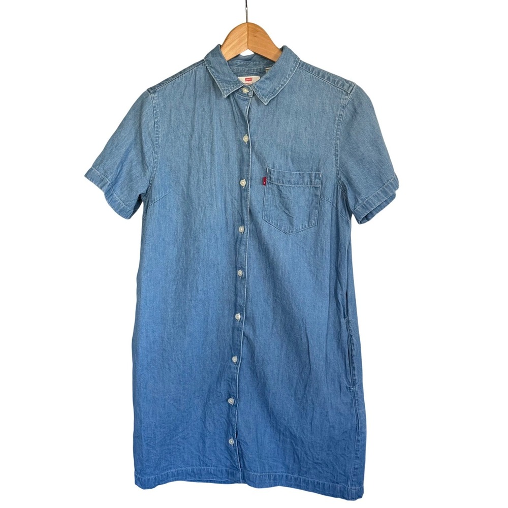 Levi's Women's Chambray Denim Shirt Dress Blue Button Front‎ Short Sleeve Size S